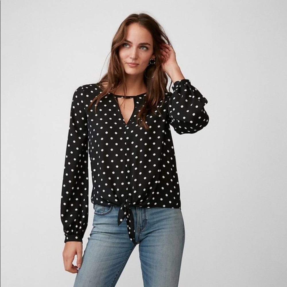 Polka Dot Tie Front Cut-Out Blouse Shirt Top XS